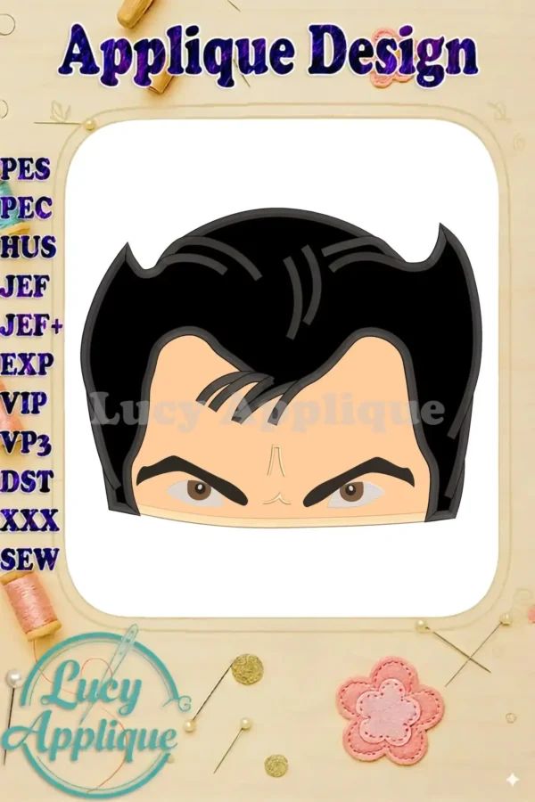 Applique design of Wolverine's head, showcasing black hair, intense eyes, and the character's signature features. Multiple file formats are listed for various embroidery machines.