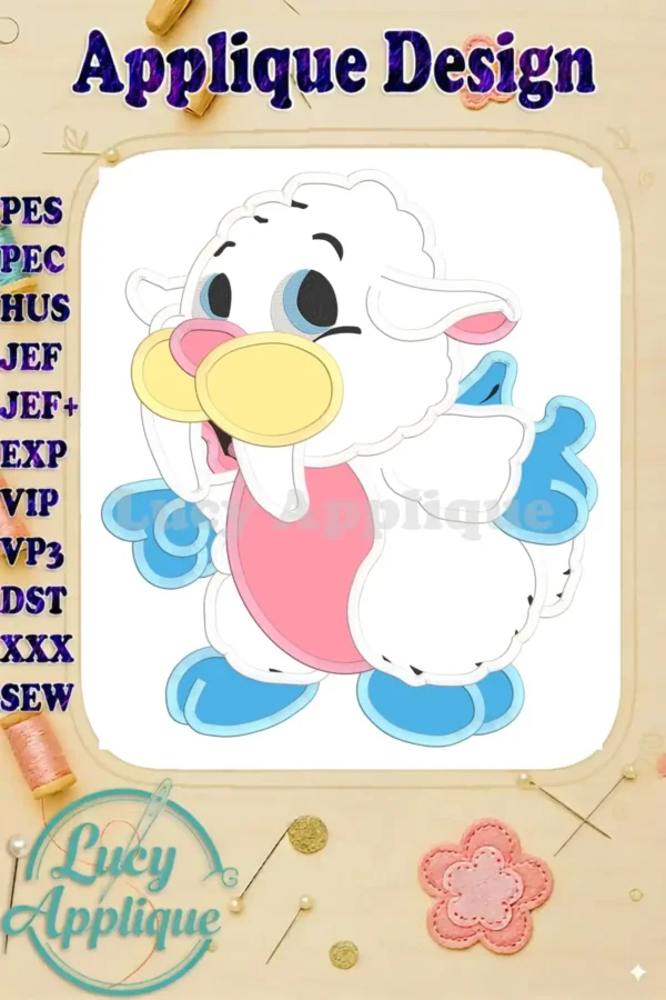 Embroidery design of a cute, cartoonish Wuzzles character, predominantly white with pink and blue accents. Applique style with various file formats listed.