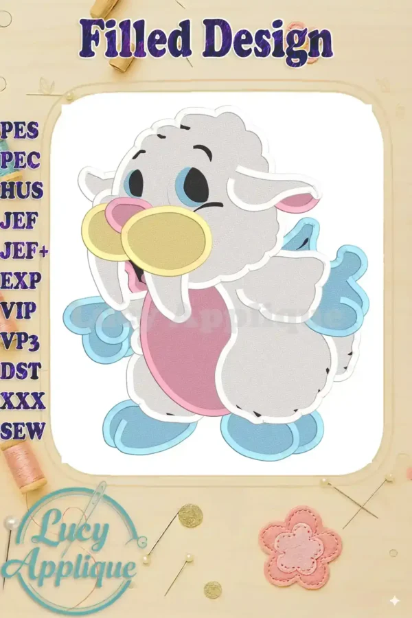 Embroidery design of a charming Wuzzles character, showcasing pastel colors and a filled stitch style. The design is ready to be stitched.