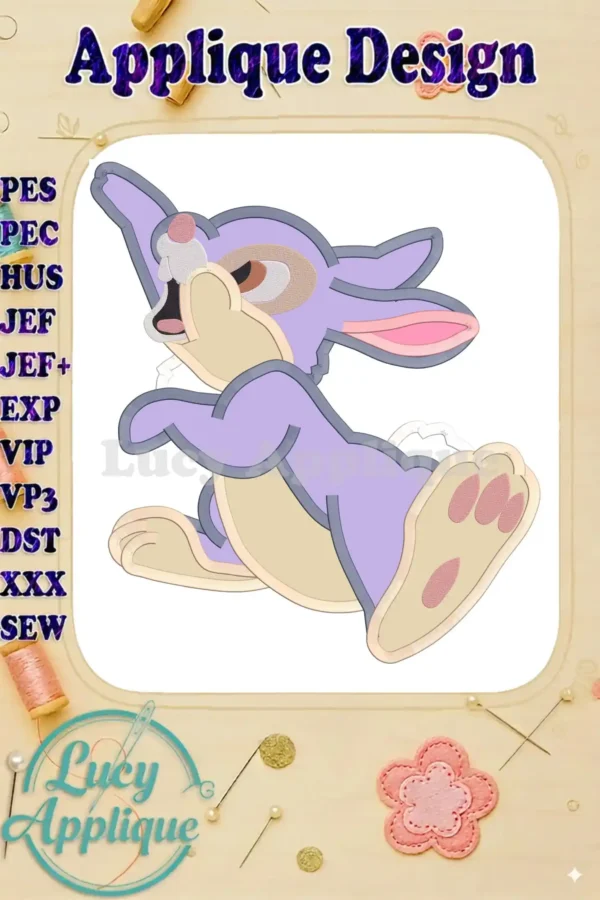 Adorable Thumper the rabbit applique design in shades of purple and beige, ready to be stitched. The design is presented on a white background, surrounded by decorative elements.
