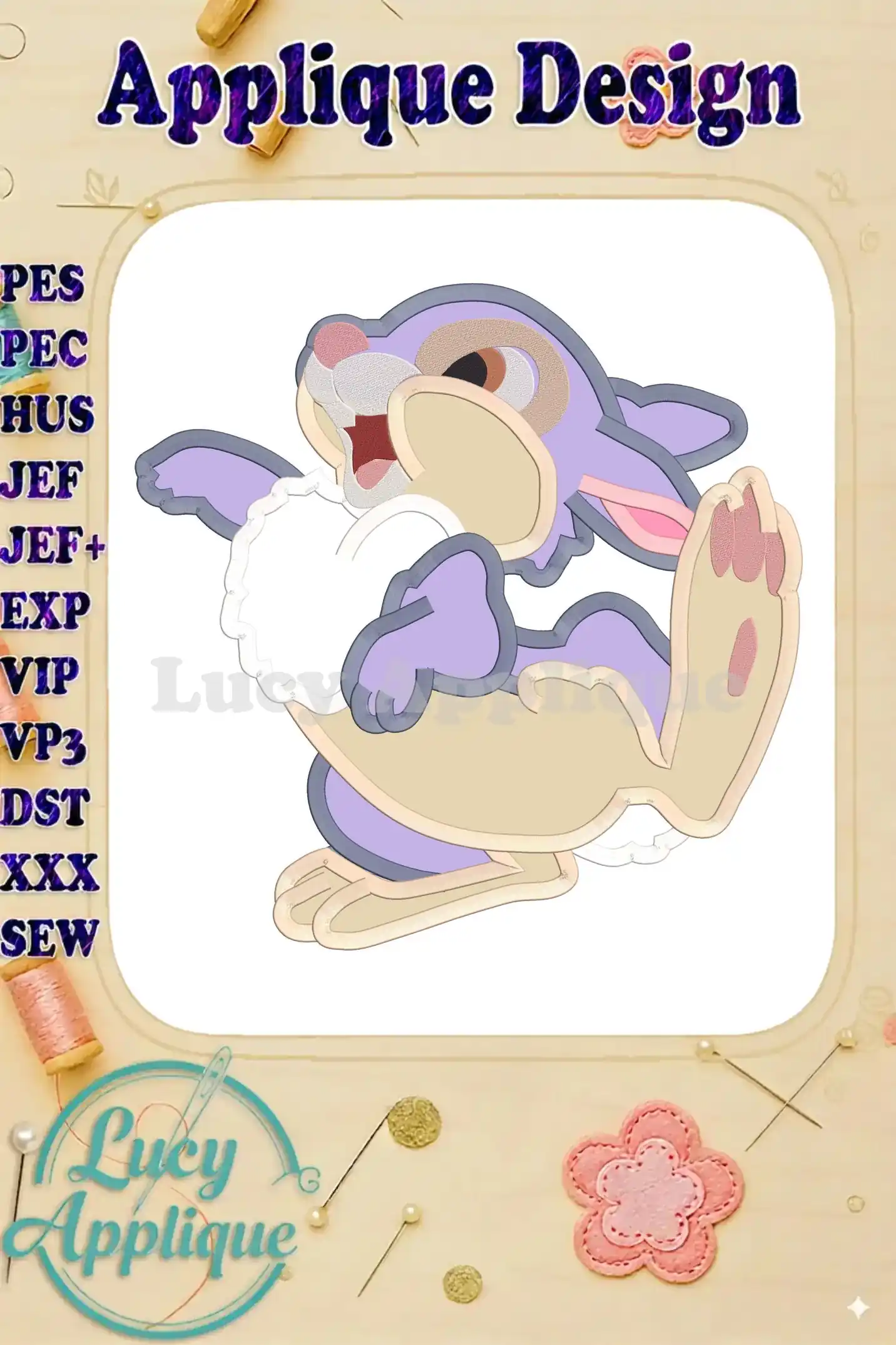 Embroidery design of Thumper from Bambi, a playful purple bunny holding a puff of cotton, ready to be stitched. Various formats are supported for easy use.