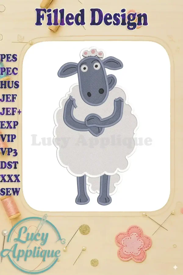 Adorable filled embroidery design of Timmy Mother Shaun the Sheep, showcasing a charming character with a friendly expression and detailed stitching.