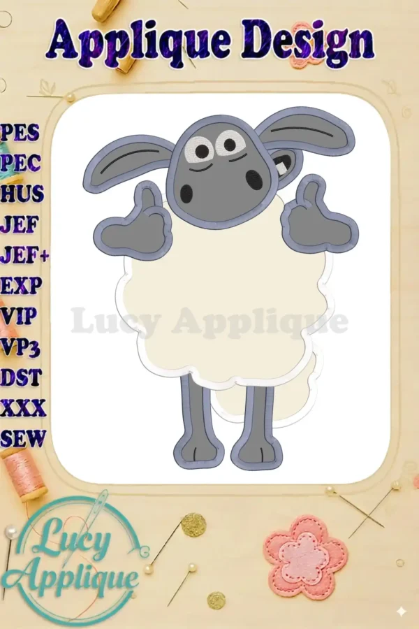 Shaun the Sheep applique embroidery design, thumbs up, gray and white, applique style, various file formats shown, Lucy Applique branding.