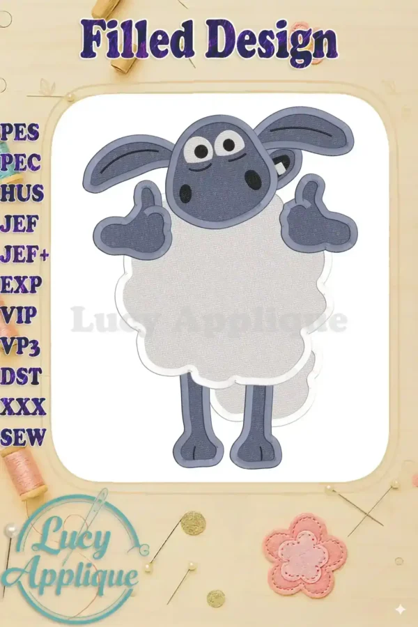 Shaun the Sheep thumbs up filled embroidery design. Detailed view showcasing the character's playful expression and meticulous stitching.