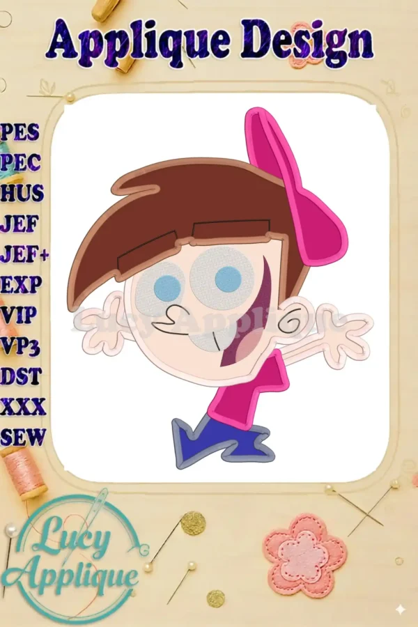 Embroidery design of Timmy Turner from Fairly Odd Parents, showcasing vibrant colors and detailed stitching. Perfect for applique projects.