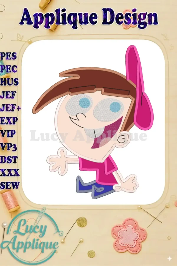 Embroidery design of Timmy Turner from Fairly OddParents, showcasing a charming applique in pink and brown, ready to be stitched.