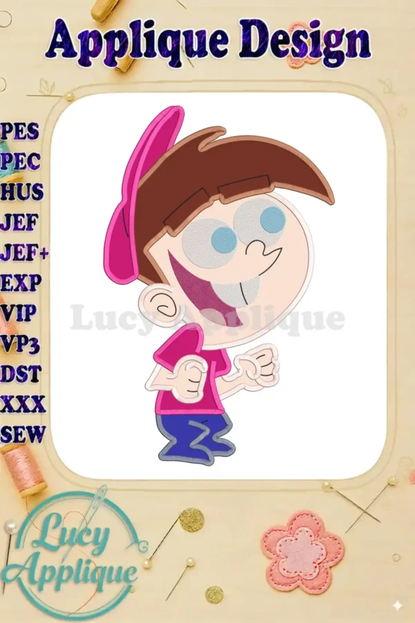 Embroidery design of Timmy Turner from Fairly OddParents, shown in applique style. The image includes design details and format information.