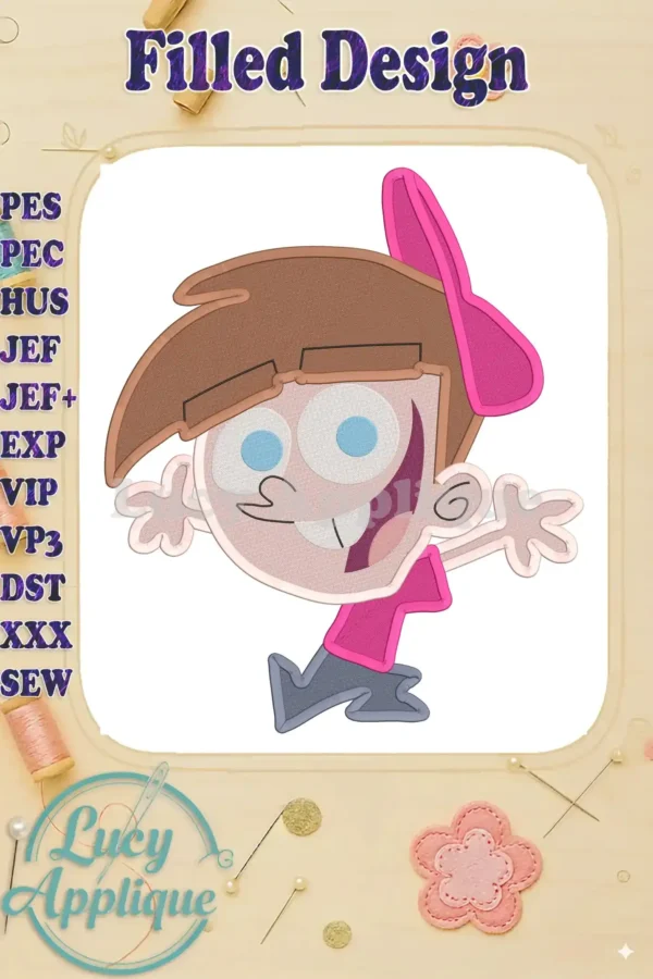 A charming filled embroidery design of Timmy Turner from Fairly OddParents, showcasing vibrant colors and detailed stitching, perfect for adding a whimsical touch to any project.
