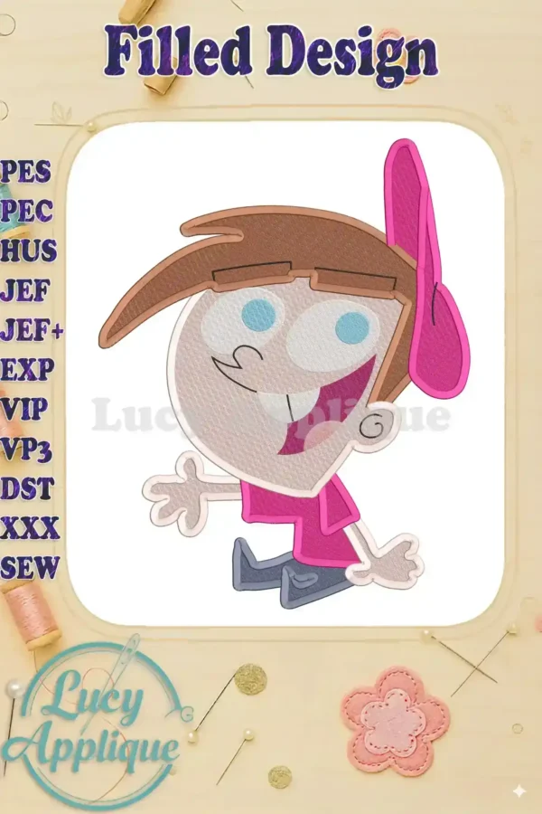 Embroidery design of Timmy Turner from Fairly Odd Parents. A filled stitch design showcasing Timmy in his signature outfit, ready to be stitched.