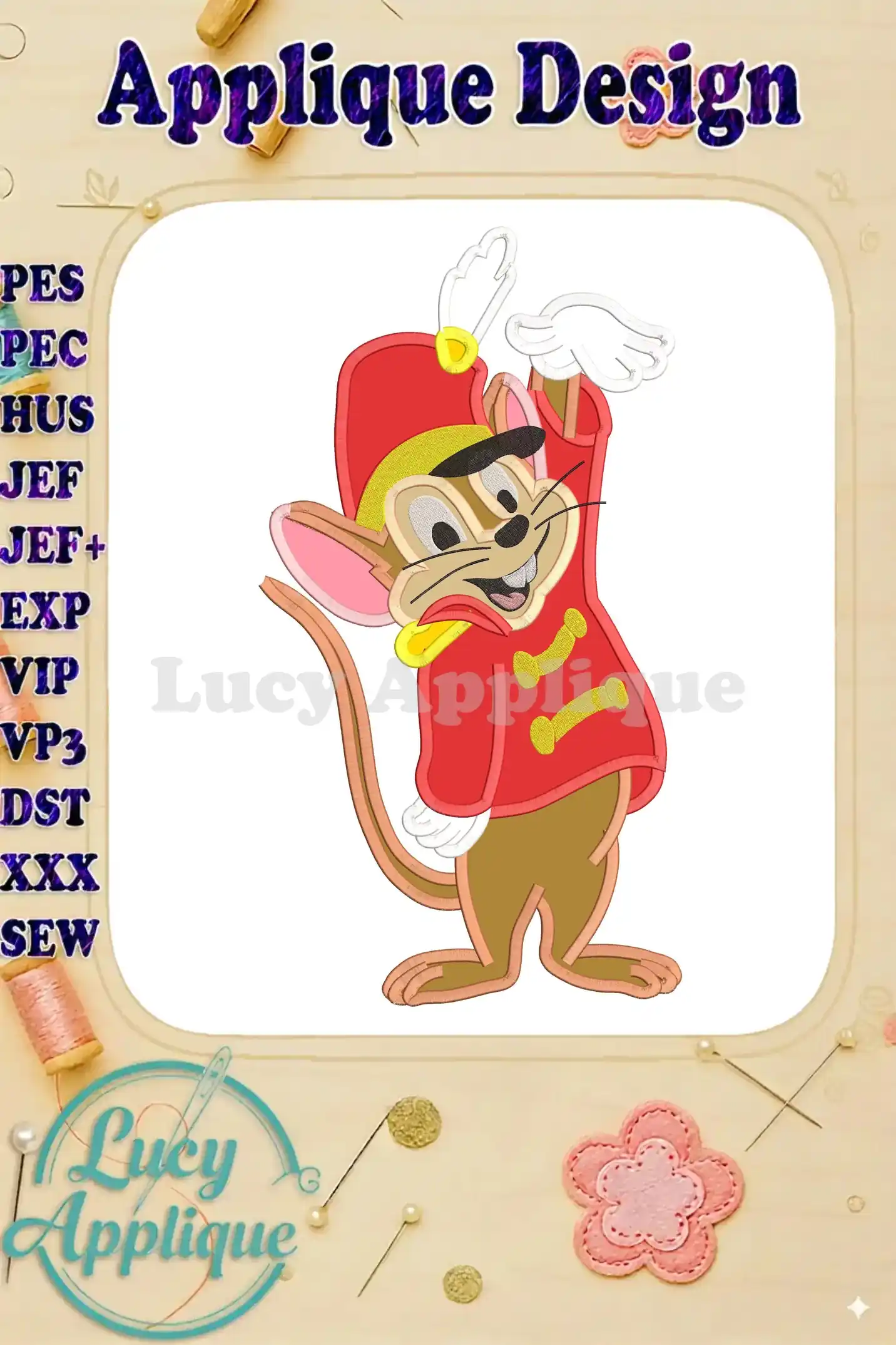 Adorable applique design of Timothy Q. Mouse in his iconic red uniform, ready to be stitched. The image showcases the design's details and various machine formats.