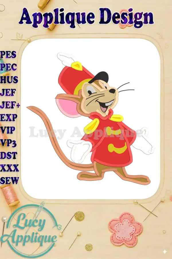 Main image showcasing the finished Timothy Q. Mouse applique embroidery design, ready to be stitched. The design is vibrant and cheerful, perfect for adding a touch of whimsy to any project.