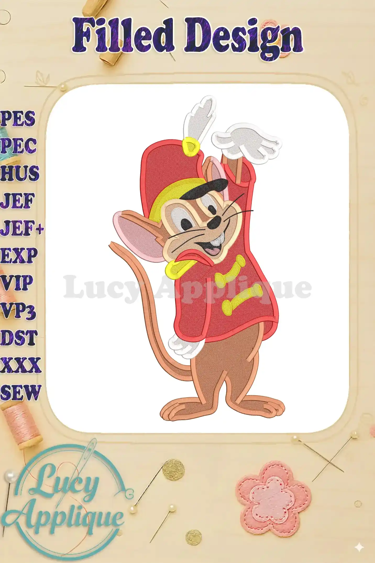 Embroidery design of Timothy Q. Mouse in a red and gold uniform, a filled design with detailed features and vibrant colors.