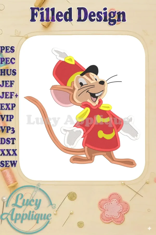 Timothy Q Mouse in a red and gold uniform, filled embroidery design. High-quality digital design in multiple formats for easy downloading and stitching.