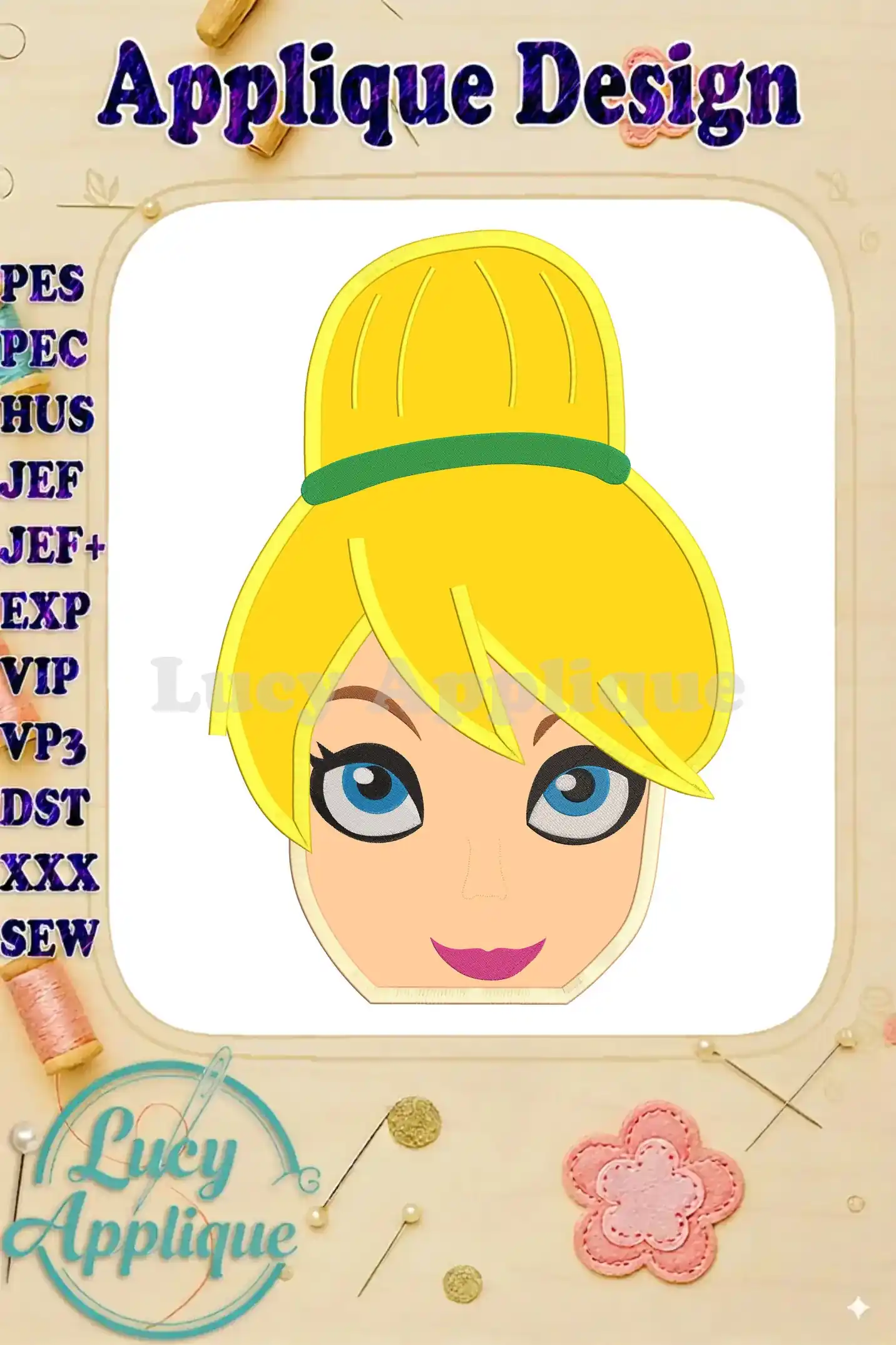 Tinker Bell's face, a charming applique embroidery design, shown in a digital preview with various file formats listed. Perfect for adding a touch of Disney magic to your projects!