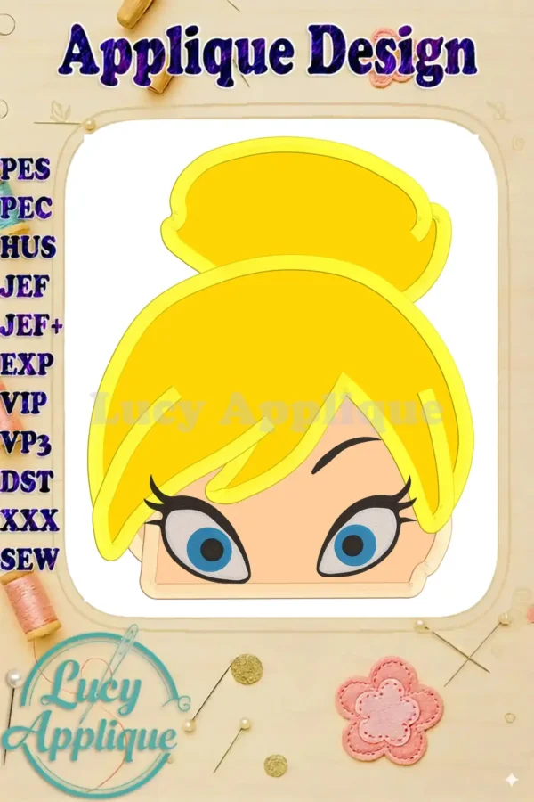 Tinker Bell's head, a cheerful applique embroidery design, shown in yellow and blue, ready to be stitched onto fabric. The design includes a detailed outline and features various stitch types for a professional look.