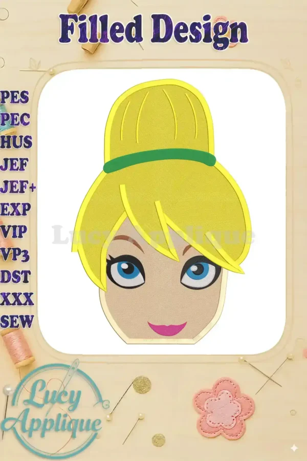 Tinker Bell head fill machine embroidery design, showcasing a cute cartoon-style image of Tinker Bell with a yellow dress and green headband.