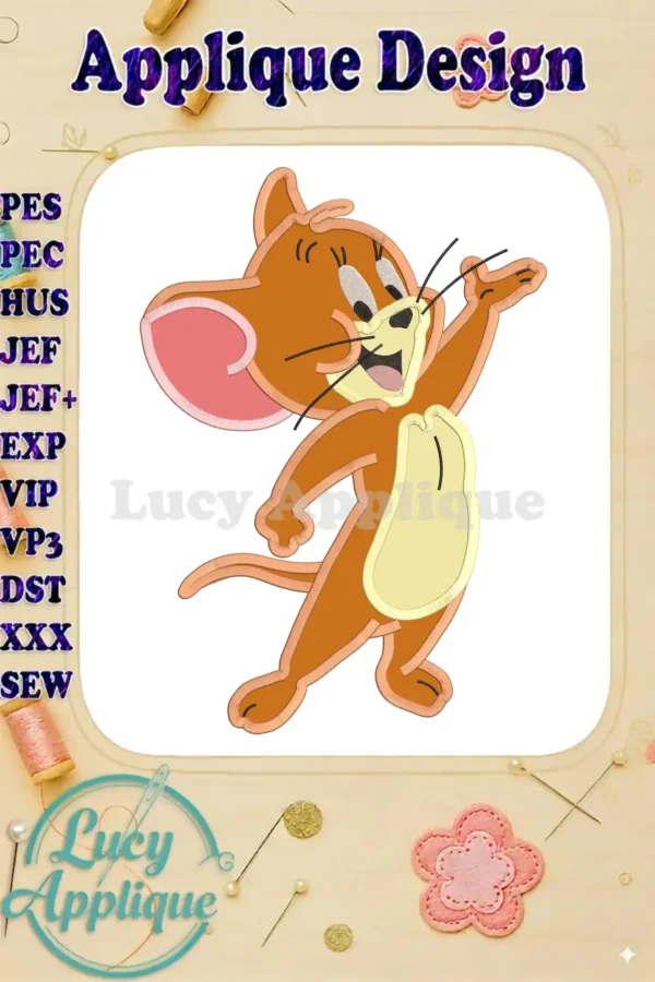 A charming applique embroidery design of Jerry Mouse from Tom and Jerry, shown in a playful pose with a light orange and beige color scheme. The design is surrounded by a decorative border.