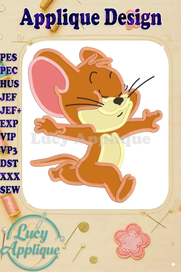 Adorable applique design of Jerry from Tom and Jerry, ready to be stitched! The image shows multiple embroidery file formats available.