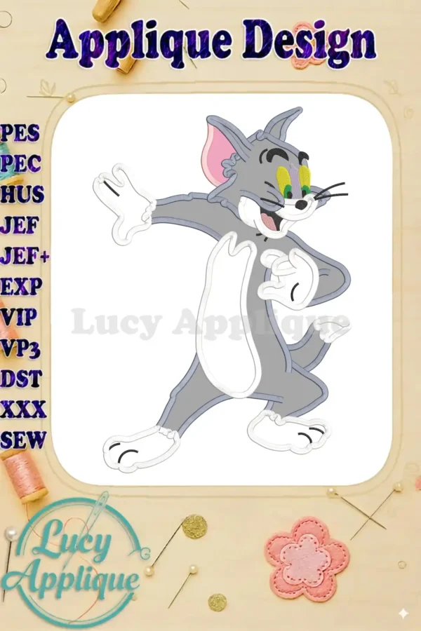 Tom and Jerry applique embroidery design. A playful illustration of Tom in a dynamic pose, ready to be stitched. The design is presented on a white background with various file format options listed.