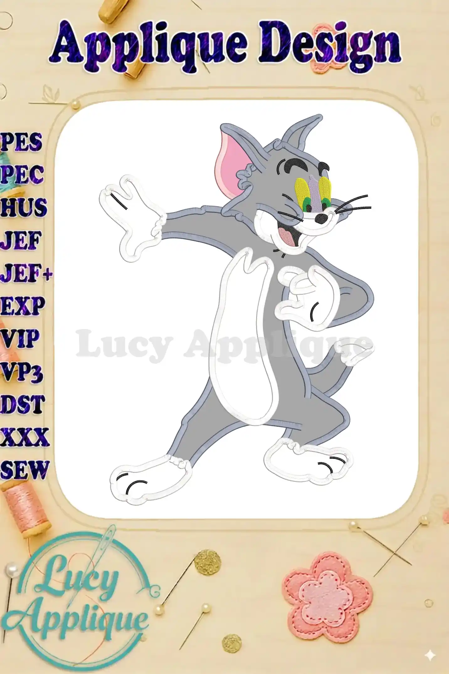 Tom and Jerry applique embroidery design. A playful illustration of Tom in a dynamic pose, ready to be stitched. The design is presented on a white background with various file format options listed.