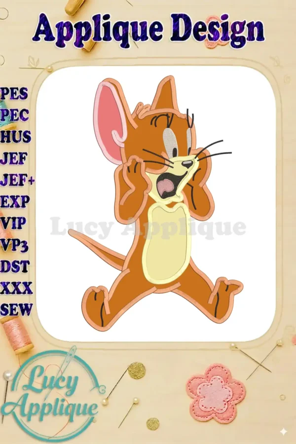 A charming applique design of Jerry from Tom and Jerry, looking surprised with hands raised. The design is in brown, beige, and pink, suitable for embroidery projects.