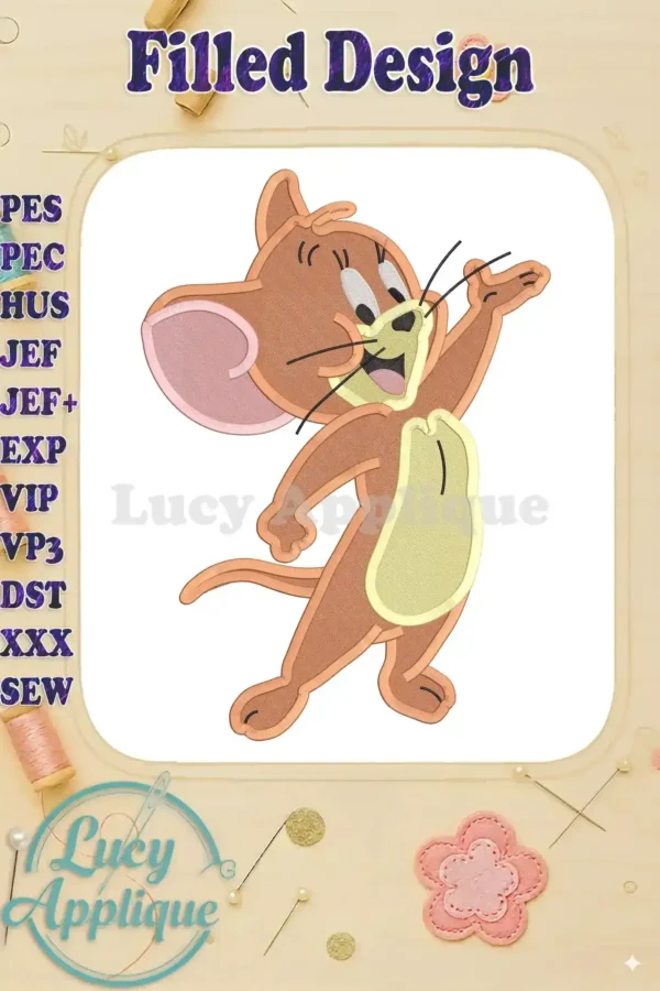 Embroidery design of Jerry Mouse from Tom and Jerry, in a filled stitch style. The design is shown on a white background with pink and brown accents.