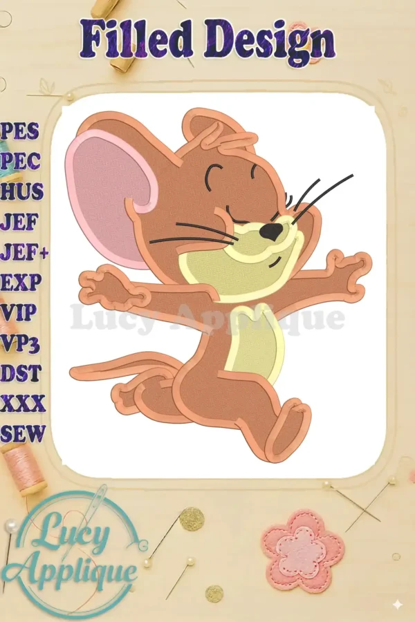 Embroidery design of Tom from Tom and Jerry, running joyfully. The design is filled, showcasing vibrant colors and smooth stitching.