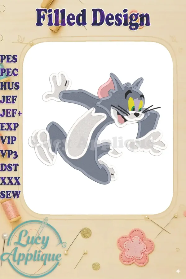 Tom and Jerry filled embroidery design, showcasing Tom in a playful running pose. The design is presented on a white background, ready to be stitched.