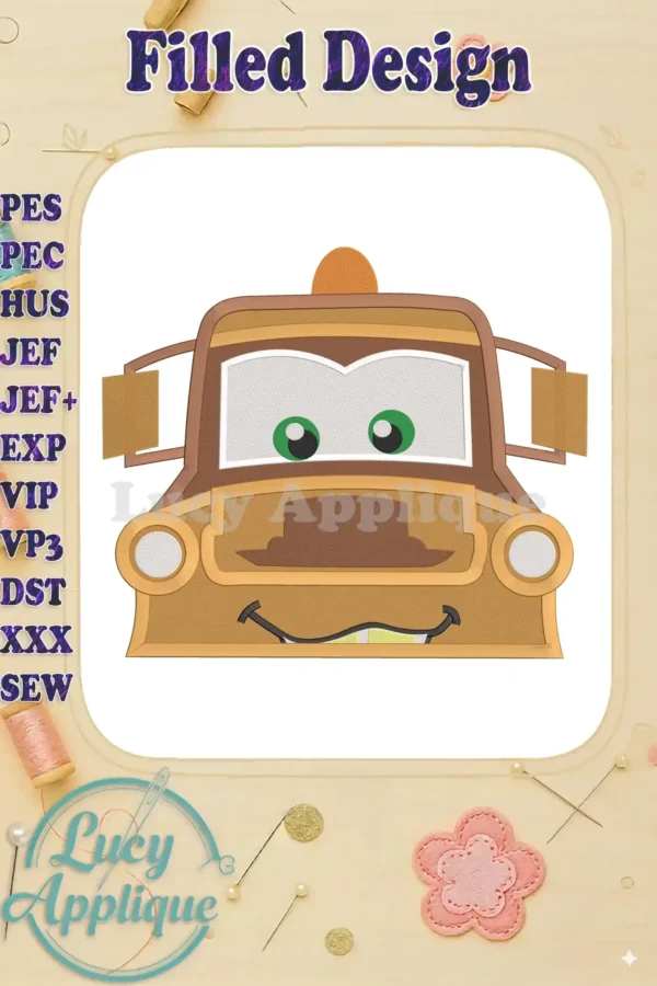 Tow Mater Fill Machine 01 Embroidery Design. A filled stitch design of Tow Mater from Cars, showing his friendly face. Perfect for embroidery projects.