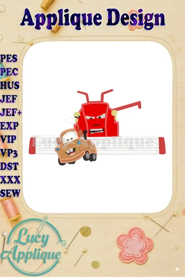 Embroidery design showcasing Mater and a tractor in a tipping scene, applique style. The design includes various stitch types and color changes.