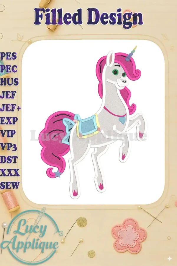 Embroidery design of Nella the Princess Knight as a unicorn, in filled stitch. Perfect for adding a magical touch to your projects!