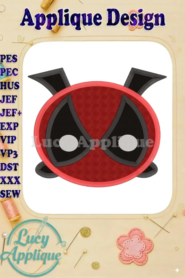 A charming Tsum Tsum Deadpool applique embroidery design, showcasing a simplified, cute version of the popular Marvel character. The design includes various file formats for different embroidery machines.