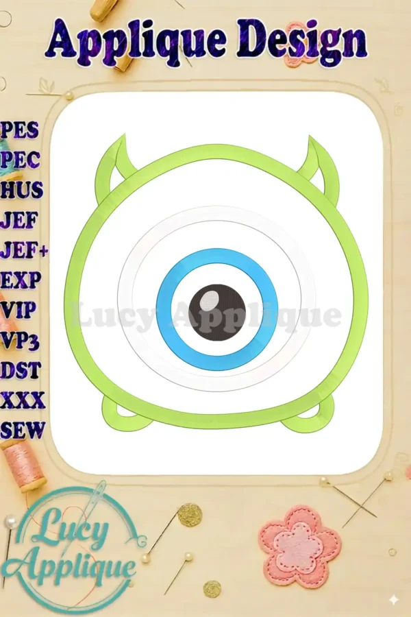 Embroidery design of Mike Wazowski from Monsters Inc., styled as a Tsum Tsum character. Applique design with various stitch types shown.