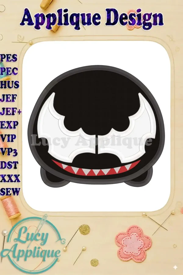 Embroidery design of Venom as a Tsum Tsum character, ready to be stitched. Applique style, various file formats included.