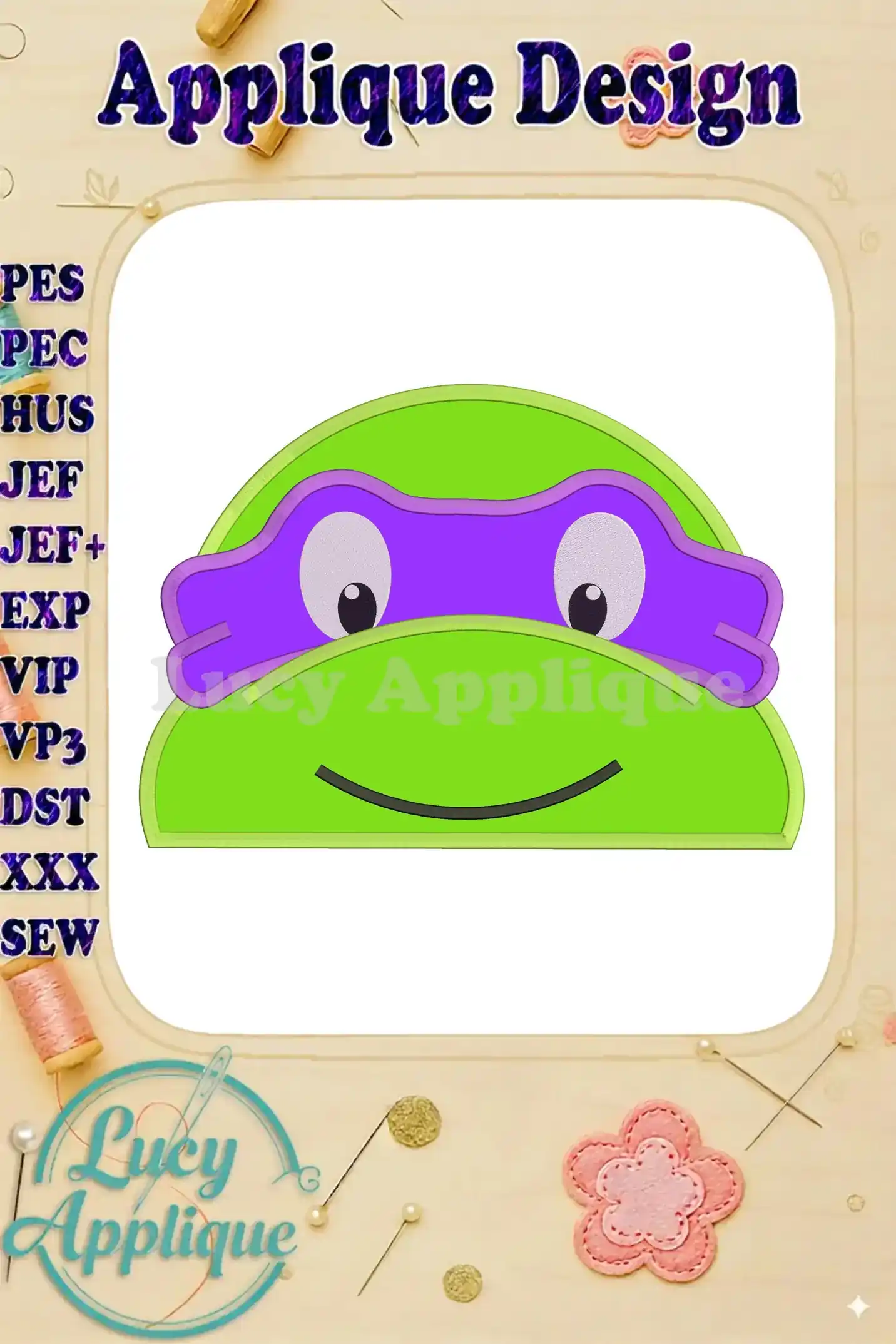 Adorable applique design of a Teenage Mutant Ninja Turtle in purple and green, ready to be stitched. Perfect for kids' projects!