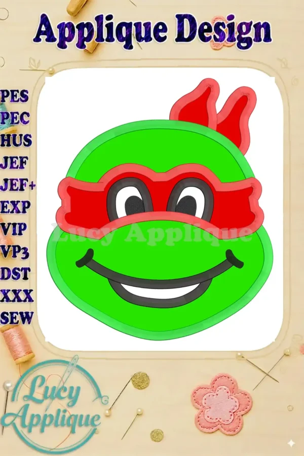 Applique design of a Teenage Mutant Ninja Turtle's head, featuring a cheerful expression and a red mask. The design is presented on a white background with various embroidery file formats listed.