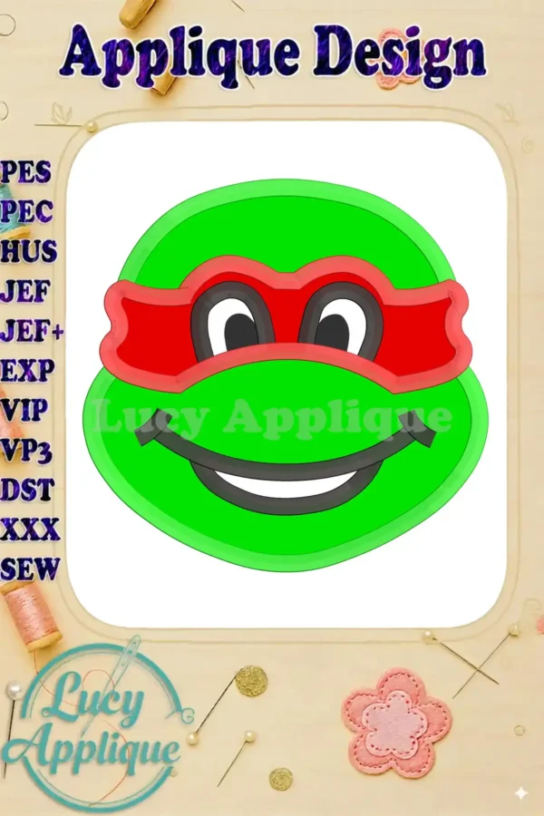 Applique design of Raphael, a Teenage Mutant Ninja Turtle, showcasing his iconic red mask and bright green skin in a cheerful expression. Perfect for adding to clothing or accessories.