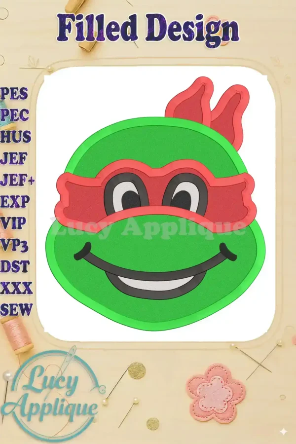 Embroidery design of Raphael, a Teenage Mutant Ninja Turtle, with a red mask and green skin. The design is cheerful and uses filled stitches.