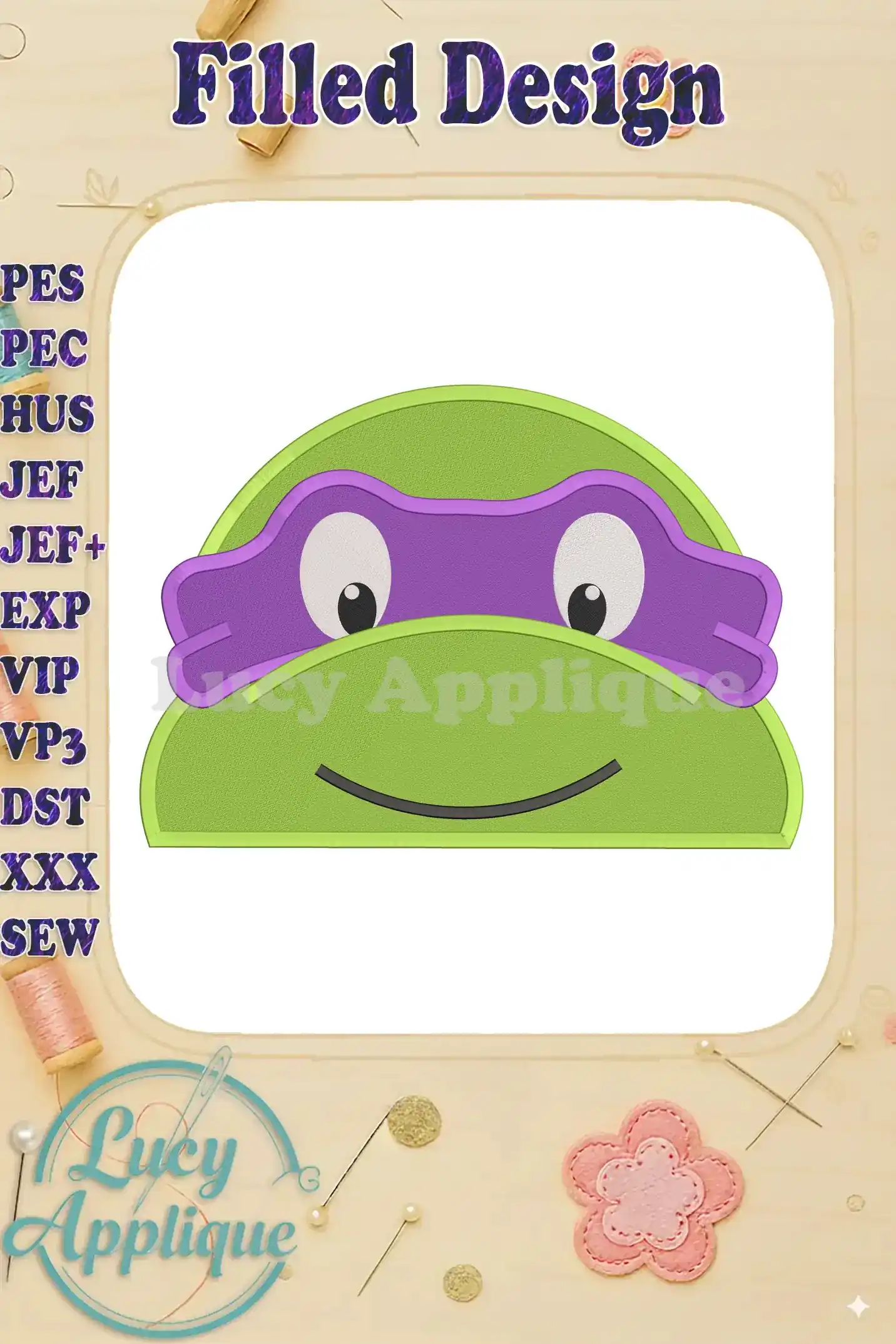 Adorable filled embroidery design of a Teenage Mutant Ninja Turtle, wearing a purple mask. The design is shown on a white background, ideal for creating personalized gifts or clothing.