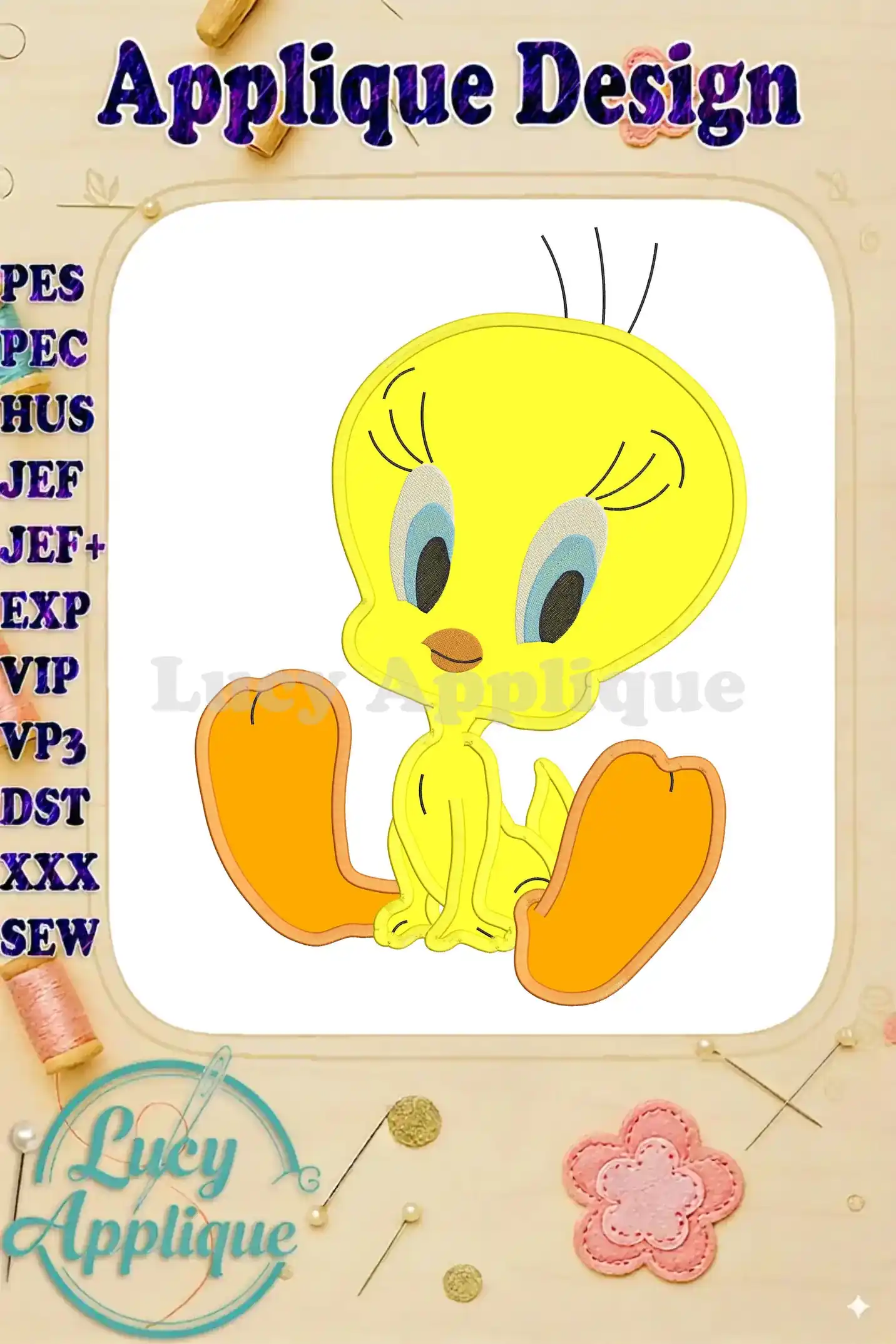 Tweety Bird applique embroidery design in yellow and orange, sitting with big eyes. Various machine embroidery file formats are listed. Perfect for adding a cute touch to your projects!