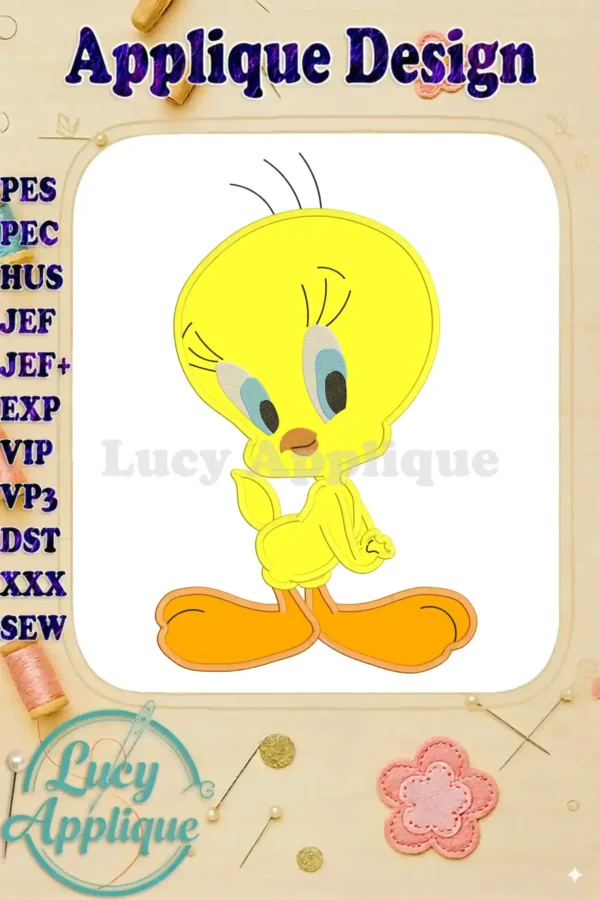 Tweety Bird applique embroidery design. A charming yellow bird design in a playful pose, ready to be stitched onto various fabrics. Includes multiple format support.