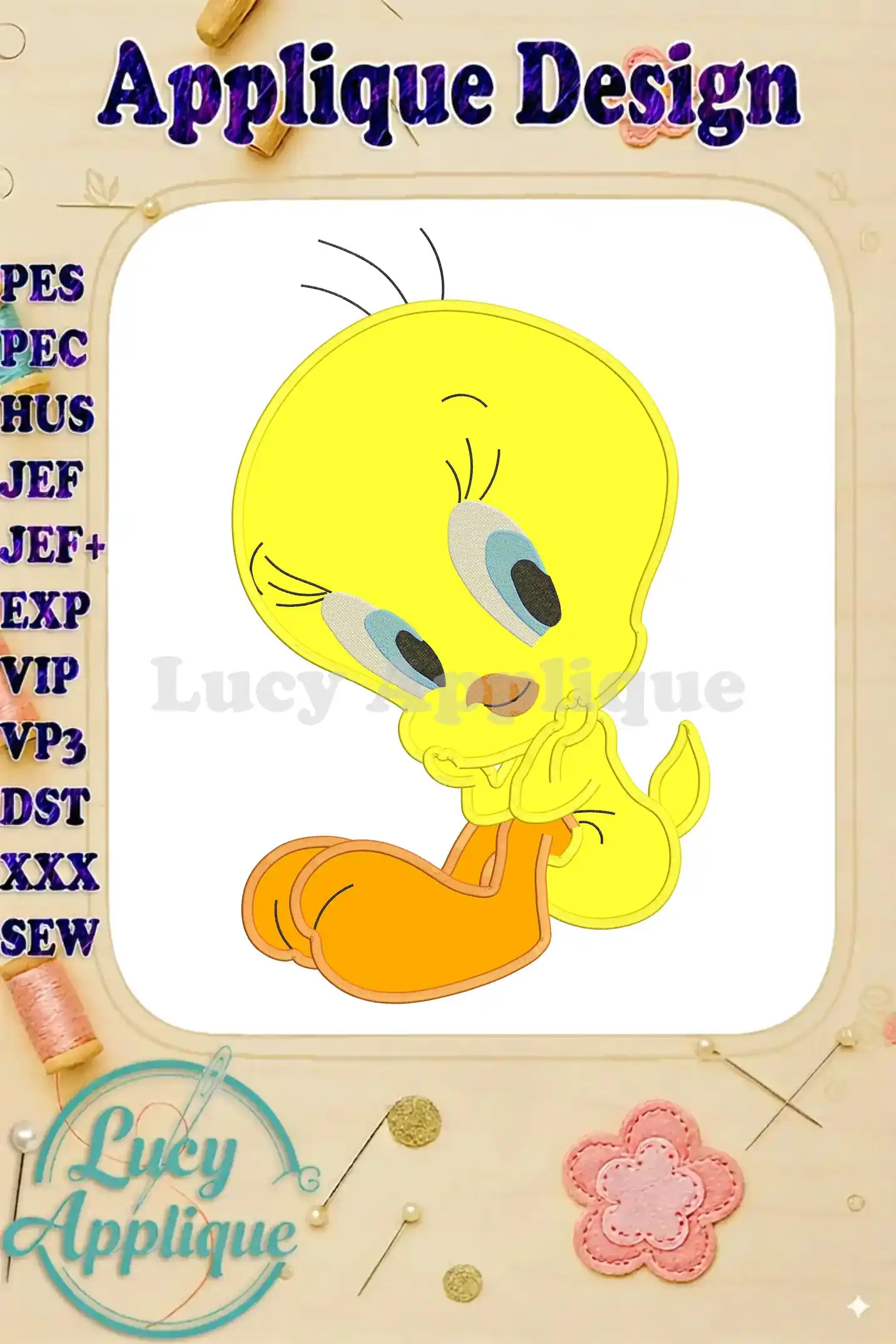 Tweety Bird applique embroidery design in yellow and orange, showcasing different file formats supported. Perfect for adding a cute touch to your sewing projects.