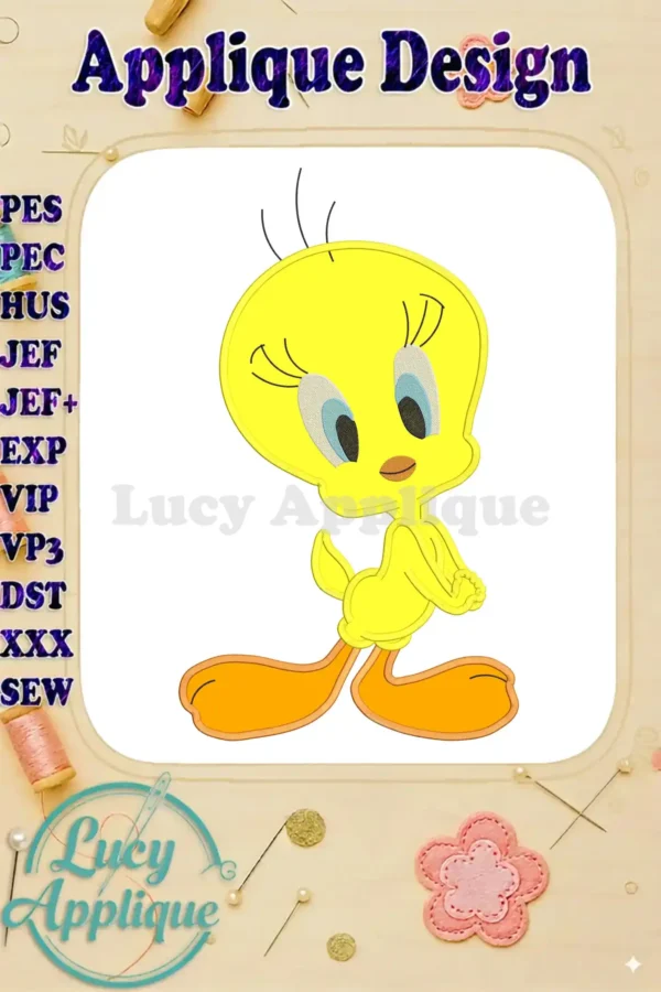 Tweety Bird applique embroidery design, showcasing a charming cartoon bird in yellow, with simple, bold outlines, ready to be stitched onto fabric.