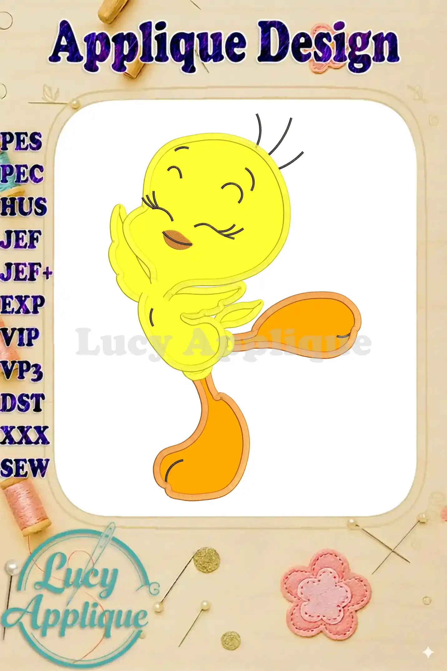 Tweety Bird applique embroidery design in yellow and orange, showcasing a charming pose. Various machine embroidery file formats are listed.