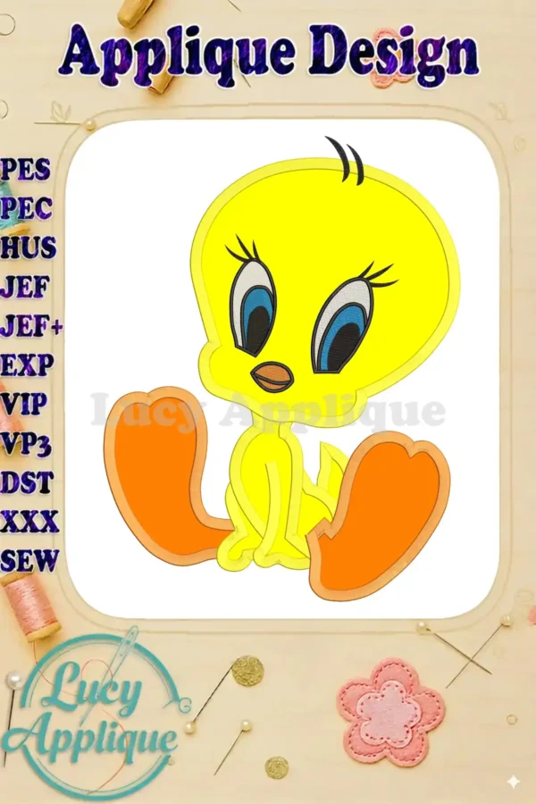 Tweety Bird applique embroidery design in yellow and orange. Includes various machine embroidery formats like PES, JEF, HUS, VIP, etc. Perfect for adding a cute touch to clothes or home decor.