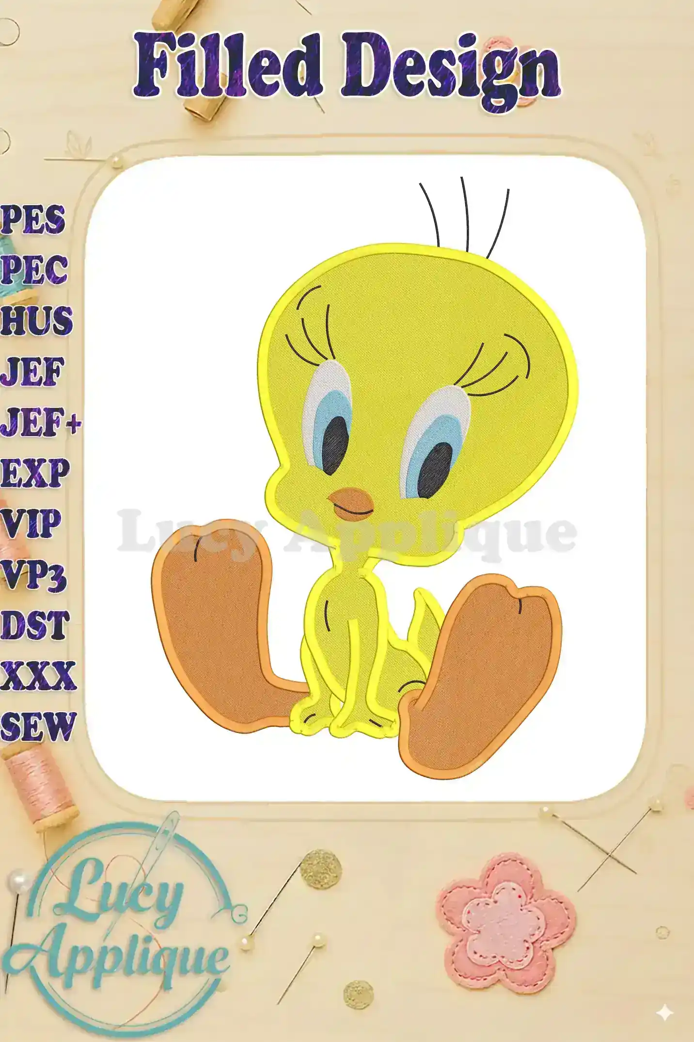 Tweety Bird filled embroidery design; yellow bird with orange feet, sitting. Various machine embroidery file formats included.