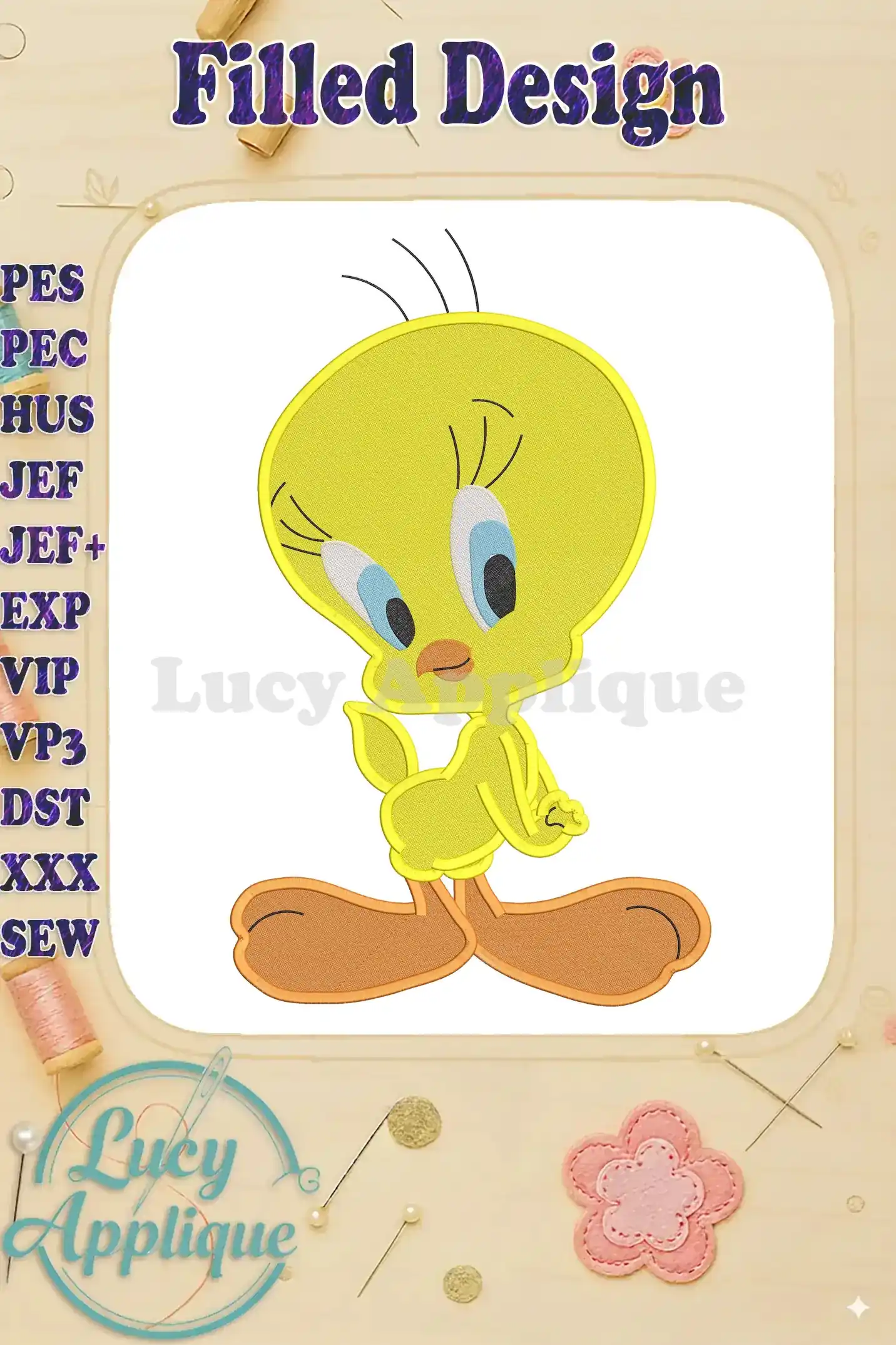 Tweety Bird filled embroidery design, showcasing a cute cartoon character in yellow and orange. The design is shown against a light background, with various file formats listed.