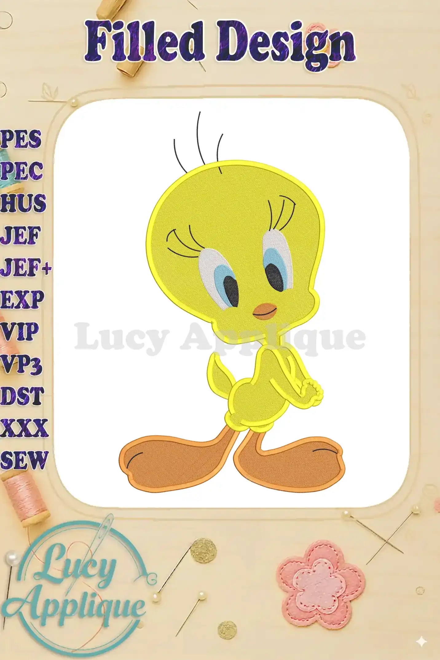 Tweety Bird filled embroidery design, showcasing a cheerful yellow bird in a playful pose. The design is presented on a cream background, surrounded by decorative elements.