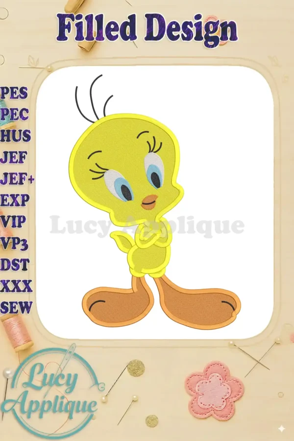 Tweety Bird filled embroidery design, showcasing a cheerful yellow bird with blue eyes, arms crossed, and detailed stitching. Perfect for adding a cute touch to various projects.