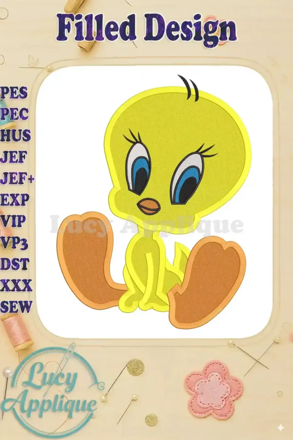 Tweety Bird filled machine embroidery design. A cute, yellow bird sitting, ready to be stitched. Perfect for adding a touch of cartoon charm to your projects.
